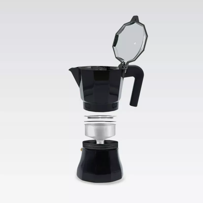 Moka pot Maestro MR-1658-3 — aluminiowy kafetier na kuchenkę, 3 filiżanki (0,15 L), czarny, uchylna pokrywa