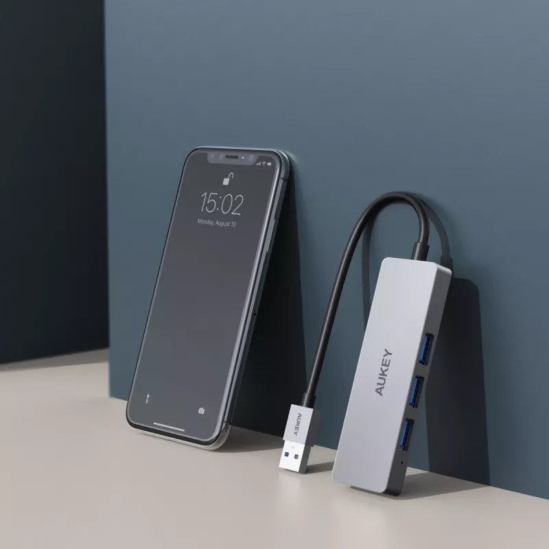 Hub USB Aukey CB-H36 — 4-portowy USB 3.2 Gen 1 Type-A, host USB 2.0, 5000 Mbit/s, aluminium srebrny