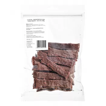Przysmak PETITTO Monoprotein Meat Strips Duck 400 g — jednobiałkowa przekąska treningowa dla psów, białko 47,3%, tłuszcz 23,4%
