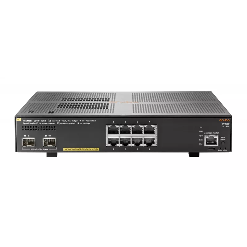 Hewlett Packard Enterprise HPE Aruba 2930F 8G PoE+ 2SFP+ - Switch - L3 - zarządzany - 8 x 10/100/1000 (PoE+) + 2 x 1 Gigabit/10 Gigabit SFP+ (Uplink) - montaż w szafie - PoE+ (125