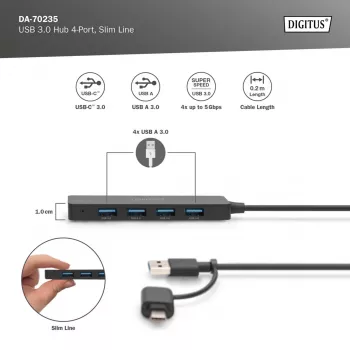 Koncentrator USB, Digitus, DA-70235, 4-portowy, USB 3.2 Gen 1, Typ-A i Typ-C, 12000 Mbit/s