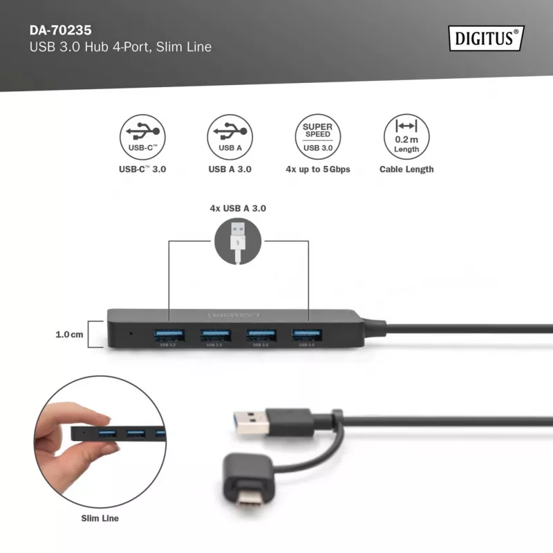Koncentrator USB, Digitus, DA-70235, 4-portowy, USB 3.2 Gen 1, Typ-A i Typ-C, 12000 Mbit/s
