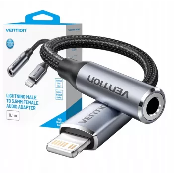 Adapter audio Vention Lightning na 3,5 mm BMBHA, przewodowy adapter Lightning na 3,5 mm z kablem 0,1 m, szary