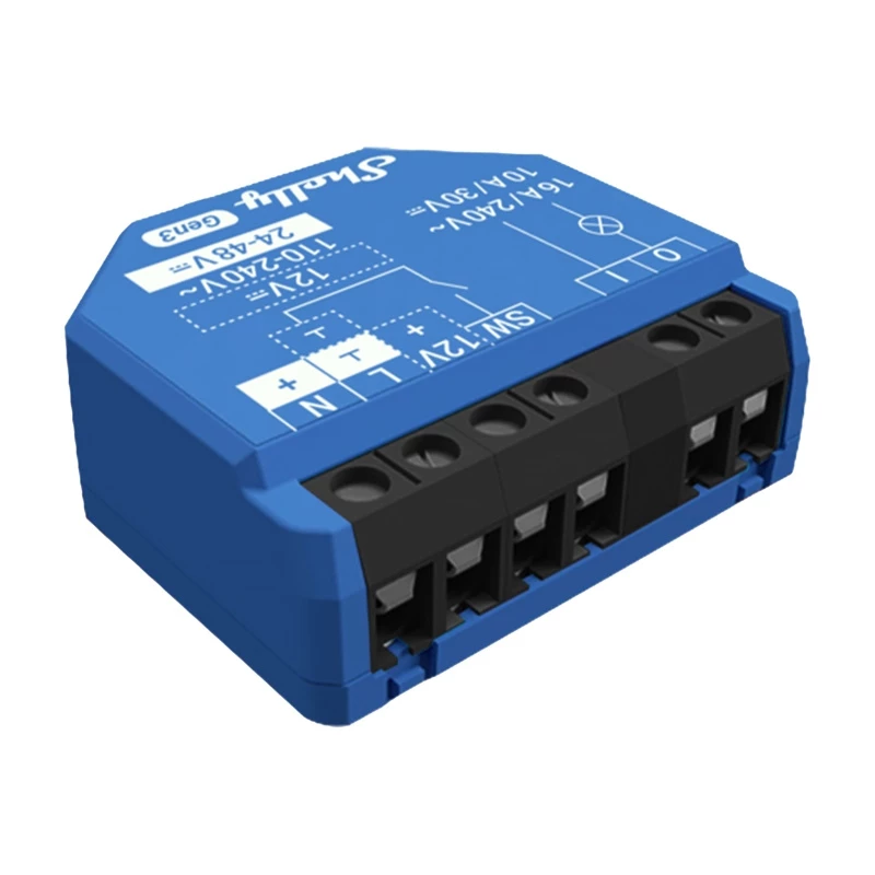 Inteligentny przełącznik Shelly 1 Gen3 — bezprzewodowy, 240 V AC, obudowa z tworzywa sztucznego, 42×16×37 mm, zestaw 4 szt.