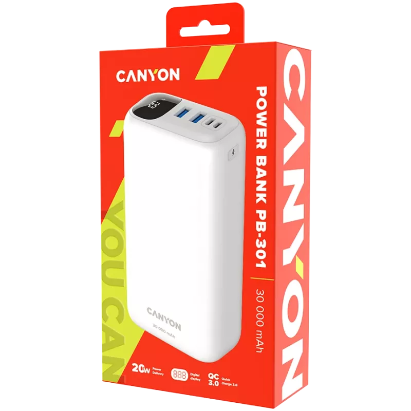Power bank CANYON PB-301 LED 30000 mAh PD 20W QC 3.0 Biały