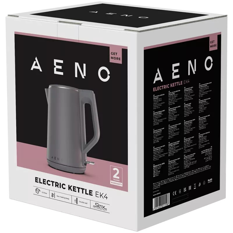 Czajnik elektryczny AENO EK4: 1850-2200W, 1,5L, Strix, podwójne ścianki, nie nagrzewający się korpus, automatyczne wyłączanie, zabezpieczenie przed suchym gotowaniem