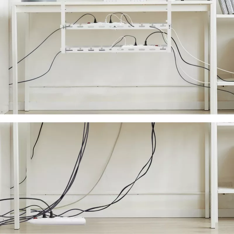 Organizator kabli pod biurko MACLEAN MC-102W — stalowy uchwyt podblatowy, regulowana długość, pasuje do biurek o grubości 0,5–5 cm, obciążenie 5 kg, biały