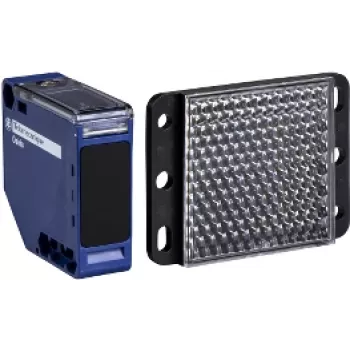 Czujnik fotoelektryczny APC XUK1ARCNL2H61 — niebieska obudowa z tworzywa sztucznego, zasięg 0–7 m, napięcie wejściowe 24–240 V AC, napięcie wyjściowe 250 V, 50×50×18 mm