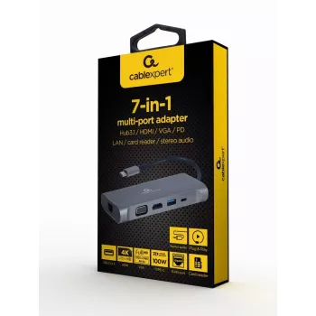 Gembird A-CM-COMBO7-01 stacja dokująca/replikator portów do notebooka USB 3.2 Gen 1 (3.1 Gen 1) Typ-A Szary