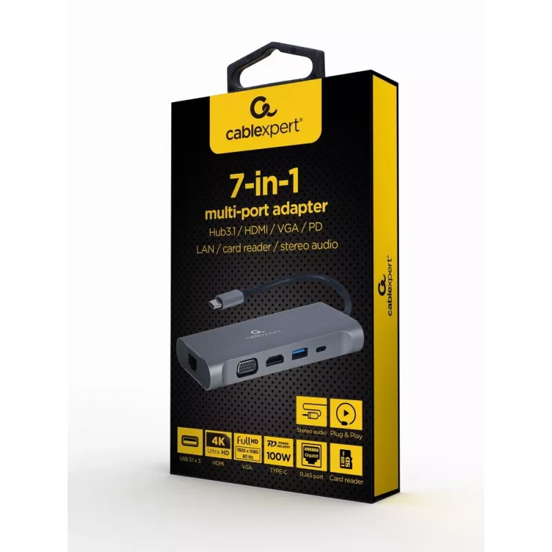 Gembird A-CM-COMBO7-01 stacja dokująca/replikator portów do notebooka USB 3.2 Gen 1 (3.1 Gen 1) Typ-A Szary