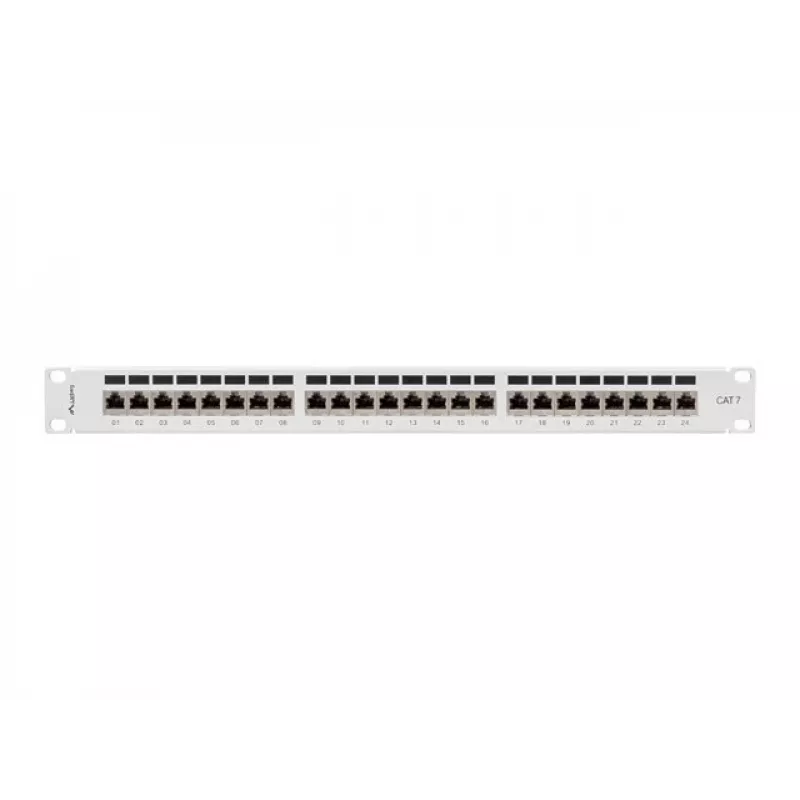 Patch panel 1U LANBERG PPS7-1024-S — 24-portowy, Cat7, F/UTP, metalowy, 1U (445×102×44,5 mm)