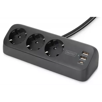 Listwa zasilająca DIGITUS 3-gniazdowa z 2×USB-A i 1×USB-C, 3 gniazda AC typu E/F, kabel 1,5 m, czarna