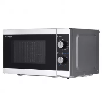 Mikrofalówka kombinowana Sharp YC-MG01E-S — 20 l, 800 W mikrofale, 1000 W grill, 5 poziomów mocy, pokrętło, talerz obrotowy 25,5 cm