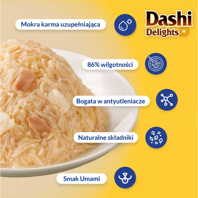 Mokry przysmak dla kota INABA Dashi Delights Delikatne Płatki z Kurczaka 40 g — dietetyczny, 86% wilgotności, 12% białka