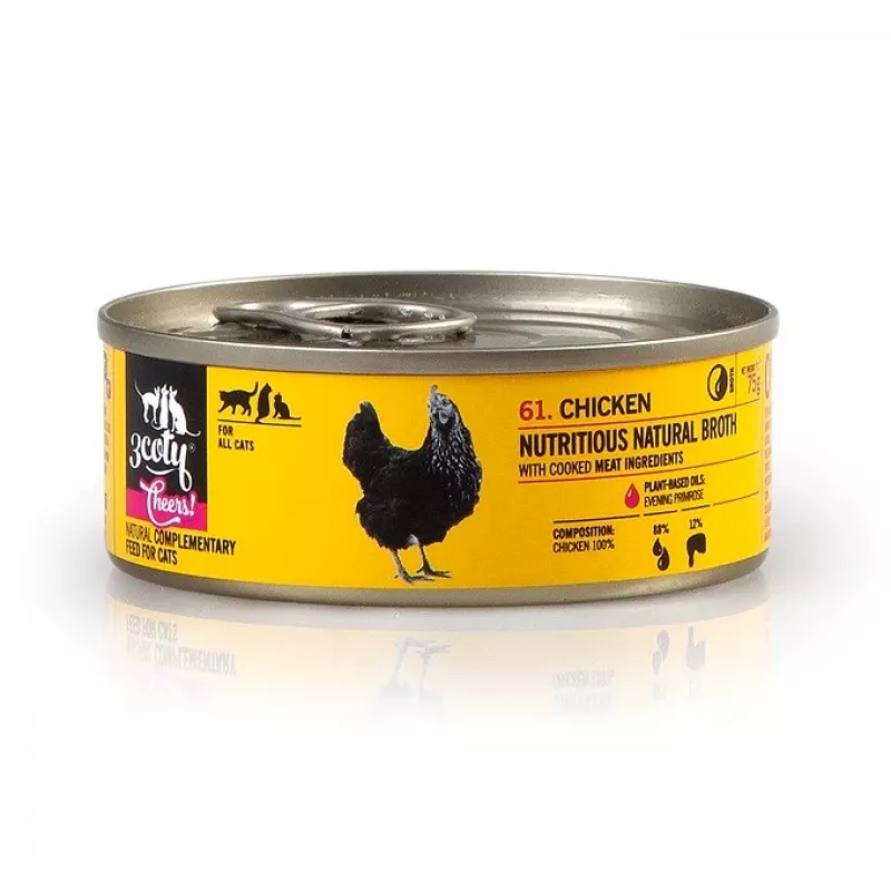 Mokra karma dla kota 3coty Chicken Cheers 75 g — kompletna mokra karma dla dorosłych kotów, saszetka na jedną porcję, 12% białka, 7,5% tłuszczu, 80% wilgotności