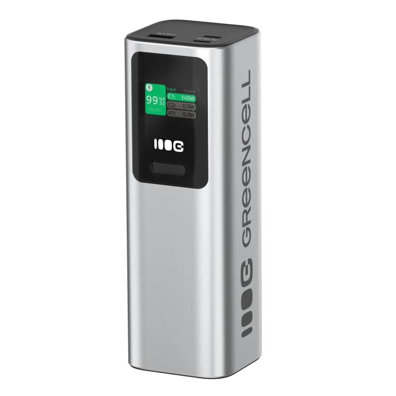 Przenośny akumulator Green Cell PBGC25UD, 25200 mAh, Li‑Ion, 140 W mocy całkowitej, 2× USB‑C + 1× USB‑A, wyświetlacz OLED, aluminiowa obudowa