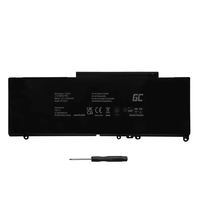 Bateria zielony Cell DE102V3 do DELL Latitude E5250 E5450 E5550, 7.6V 6200mAh LiPo, czarna
