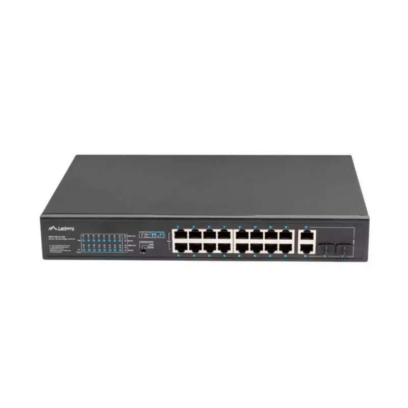 Niezarządzalny przełącznik LANBERG RSFE-16P-2C-250 — 18-portowy Gigabit, 16x PoE+ (30W), 2x SFP, 250W, 1U, metal, montaż w szafie