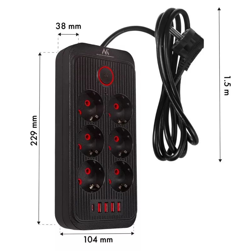 Listwa zasilająca MACLEAN MCE389 B — 6 gniazd, 4×USB-A + 1×USB-C, 110–240 V, 2,1 A, 2500 W, kabel 1,5 m, czarna