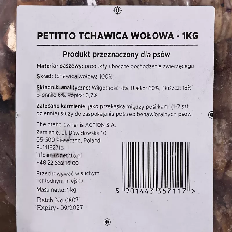 Przysmak dla psa PETITTO Tchawica Wołowa 1 kg - Gryzak z tchawicy wołowej PETITTO