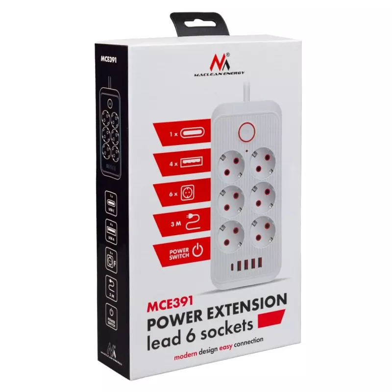 Listwa zasilająca MACLEAN MCE391 W — 6 gniazd, 4×USB-A + 1×USB-C, kabel 3 m, 110–240 V, 2500 W, biała
