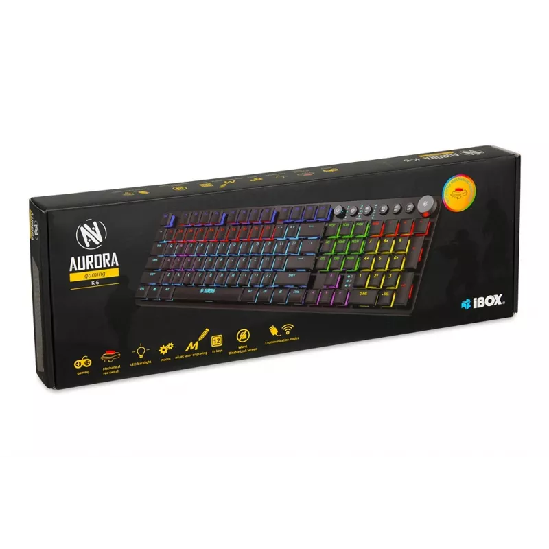 Klawiatura IBOX AURORA K-6 — pełnowymiarowa QWERTY, bezprzewodowa RF + Bluetooth, podświetlenie RGB, mechaniczne niskoprofilowe klawisze, czarna