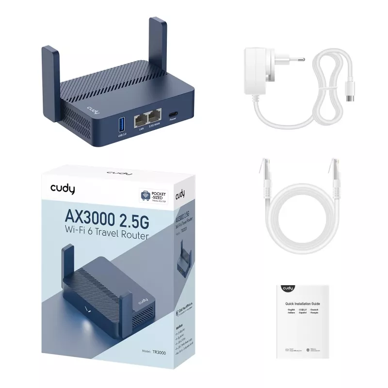 Przenośny router Cudy TR3000 AX3000 Wi‑Fi 6, Gigabit Ethernet WAN/LAN, USB-A, anteny zewnętrzne, niebieski