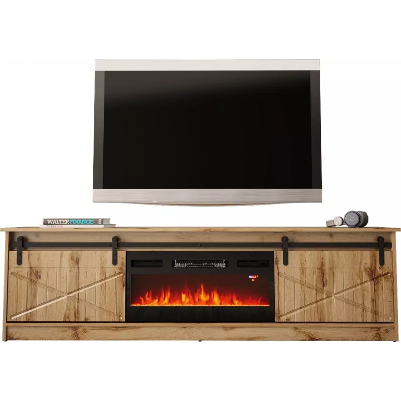 Szafka RTV Cama Meble GRANERO z szafką pod kominek, dąb Wotan, 2000×350×567 mm, 2 drzwi, 2 półki