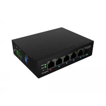 Przełącznik sieciowy LANBERG ILFE-4P-1GE-1S-90 – niezarządzalny lekki przemysłowy PoE, 4 porty (PoE), 1×GigE, 1×SFP, montaż na szynie DIN