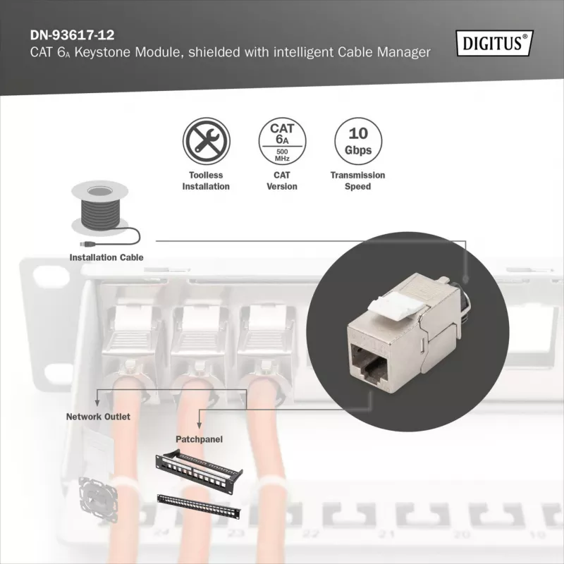 Moduł Keystone DIGITUS CAT 6A ekranowany z inteligentnym zarządcą kabla, płaski RJ-45, 14,5×34,5×21 mm — 12 szt.