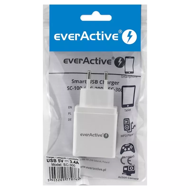 Ładowarka Everactive 3x USB 3, 4A BIAŁA