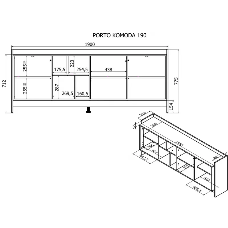 Cama PORTO 3D komoda 190x38x77 dąb/czarny