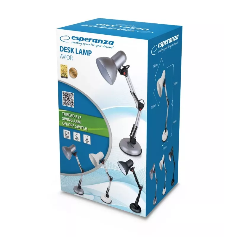 Lampa stołowa ESPERANZA AVIOR E27 12W LED, czarna, regulowana wysokość, giętkie ramię, gniazdo E27