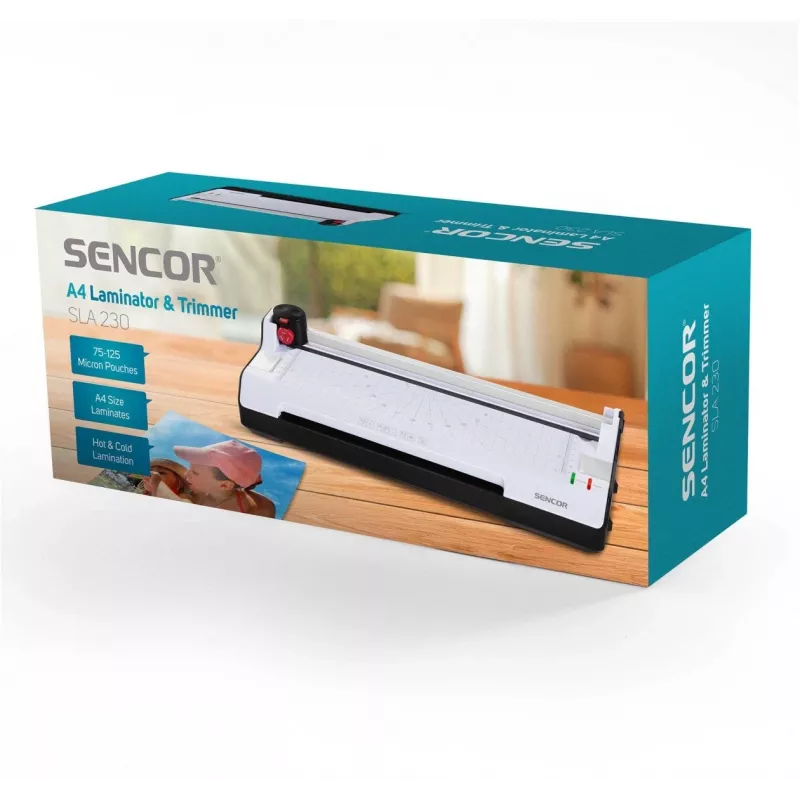 Laminator biurowy SENCOR SLA 230 A4, kompatybilny z arkuszami A4, zakres grubości kopert 2x75–2x125 mm