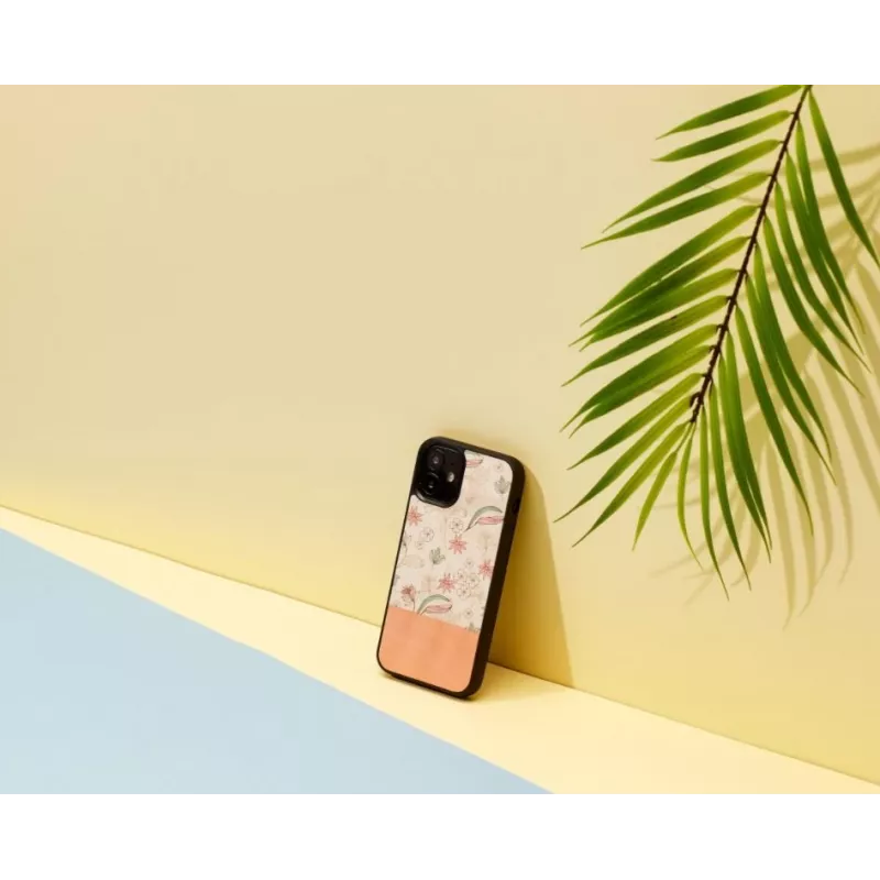Etui ochronne Man and Wood na iPhone 12 mini — różowy kwiat na czarnym