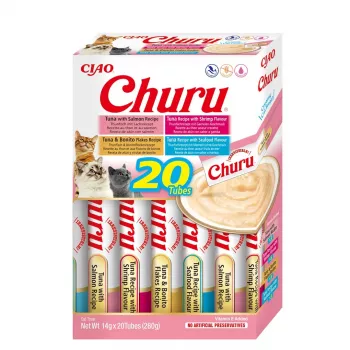 Mokre przysmaki dla kota INABA Churu Variety Box Seafood — 20 tubek x 14 g, pasta rybna, bez zbóż, bez cukru i glutenu