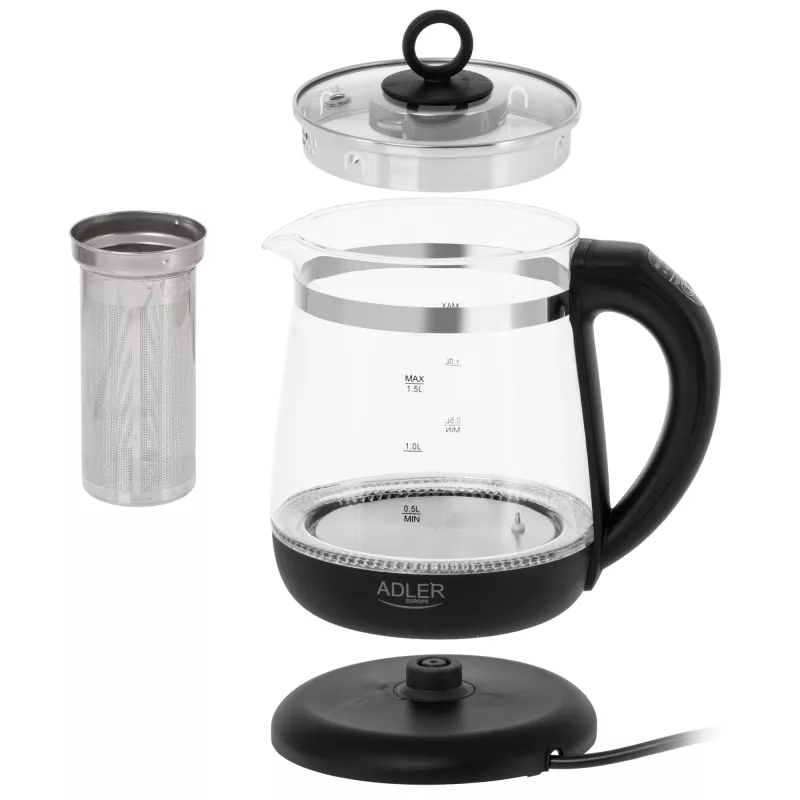 Czajnik Adler AD 1299 | Elektryczny | 2200 W | 1,5 L | Szkło | Obrotowa podstawa 360° | Czarny