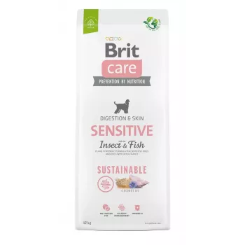 Sucha karma dla psa Brit Care Sustainable Sensitive Insect & Fish 12 kg — dla dorosłych psów, smak białej ryby, 25% białka, 13% tłuszczu, hipoalergiczna