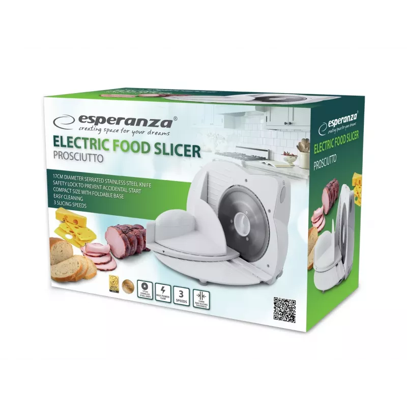 Elektryczna krajalnica do żywności ESPERANZA EKM017W — 150 W, ostrze ze stali nierdzewnej 17 cm, maks. plasterek 15 mm, kolor stal nierdzewna, obudowa z tworzywa sztucznego