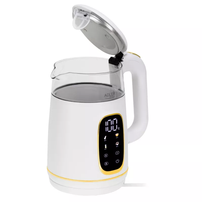 Czajnik elektryczny Adler AD 1305WG — 1,7 l, 2200 W, szkło/tworzywo sztuczne, biały/złoty/przezroczysty