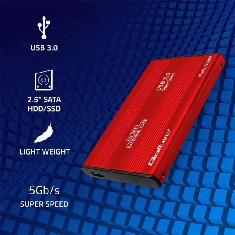 Obudowa HDD/SSD QOLTEC 51860 na dyski 2,5 cala SATA III, USB Type-A, 5 Gbit/s, aluminium, czerwona
