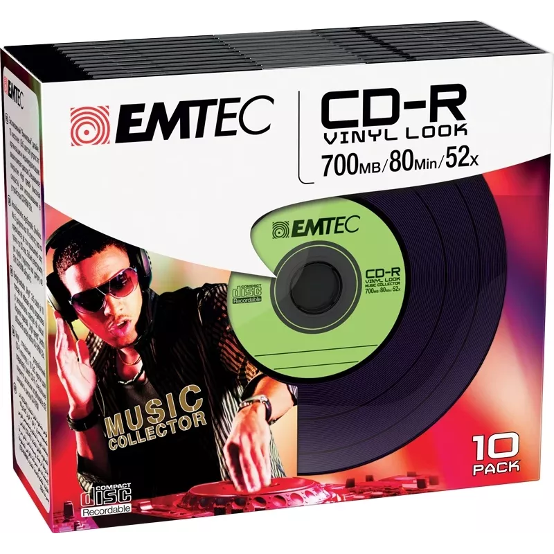 EMTEC Vinyl Look - 10 x CD-R - 700 MB (80 Min) 52x - Niebieski, Żółty, Liliowy, Zielony, Różowy - Slim Jewel Case