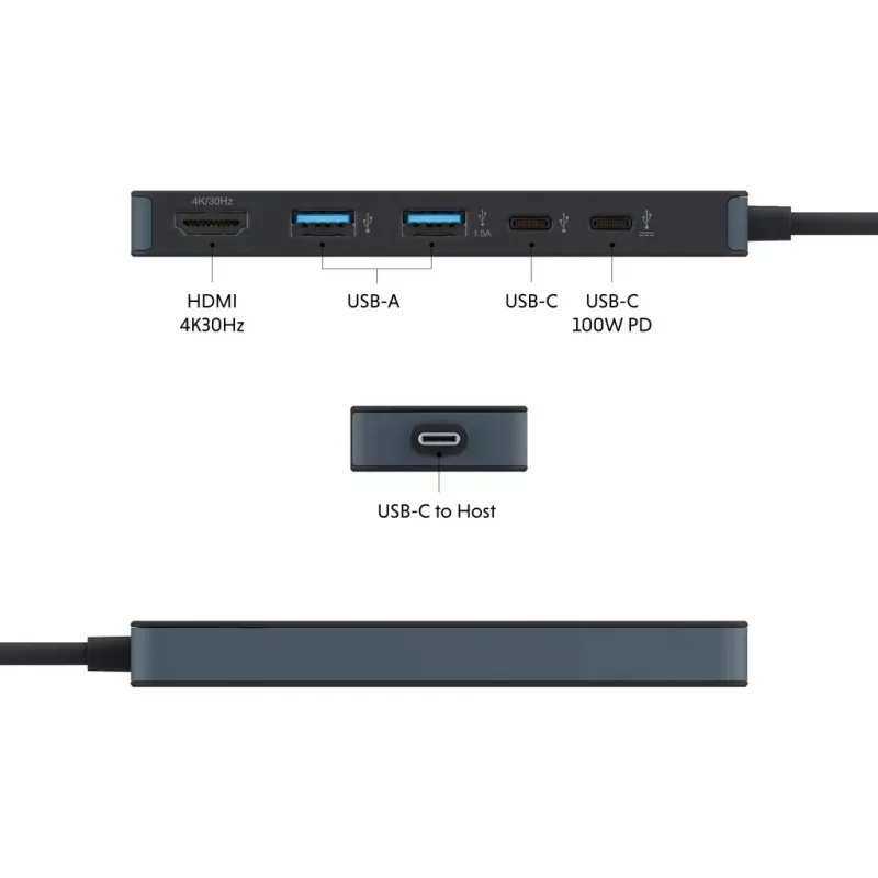 USB-C hub HYPER HD4101BKGL — 5-portowy (USB-C, USB 3.2 Gen1 Type-A, HDMI 4K), 5000 Mbit/s, Czarny
