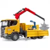 Ciężarówka budowlana zabawka BRUDER Scania Super 560R z dźwigiem i 2 paletami