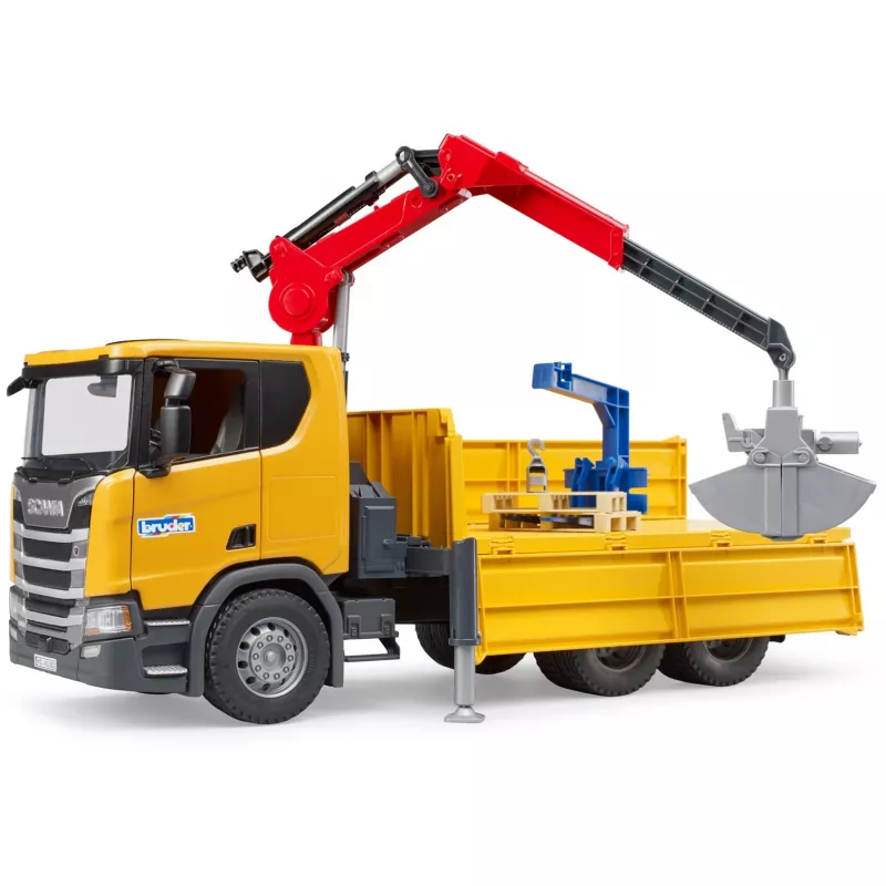 Ciężarówka budowlana zabawka BRUDER Scania Super 560R z dźwigiem i 2 paletami