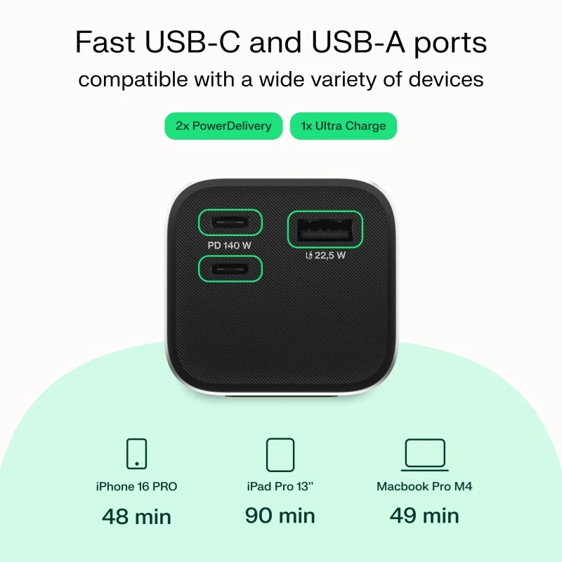 Przenośny akumulator Green Cell PBGC25UD, 25200 mAh, Li‑Ion, 140 W mocy całkowitej, 2× USB‑C + 1× USB‑A, wyświetlacz OLED, aluminiowa obudowa