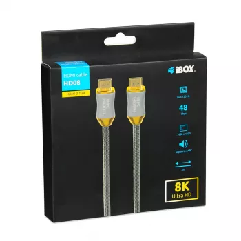 Kabel HDMI IBOX HD08 2 m, HDMI Typ A męski–męski, HDMI 2.1, srebrny