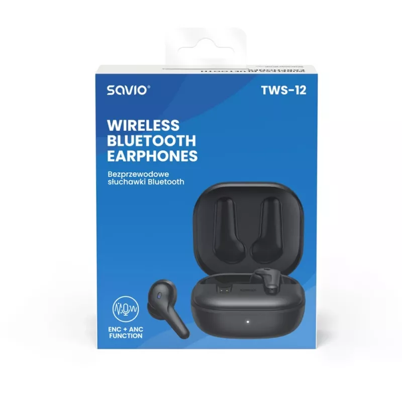 Zestaw słuchawkowy douszny TWS SAVIO TWS-12, Bluetooth 5.3, wbudowany mikrofon, czarny