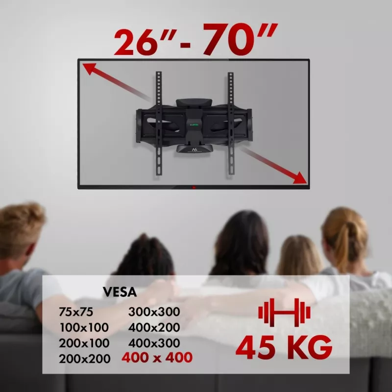 Uchwyt ścienny do telewizora MACLEAN MC-781 dla ekranów 66–177,8 cm (26–70 cali), odchylenie -12–2°, VESA 100x100–400x400, maks. obciążenie 45 kg, czarny