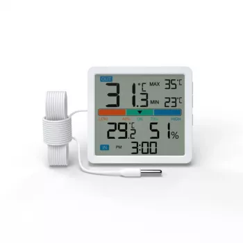 Termohigrometr MANTA MTO002W z czujnikiem zewnętrznym (150 cm), wewnątrz 0–+50°C, na zewnątrz -40–+70°C, wilgotność 20–95% RH, wskaźnik komfortu, zegar